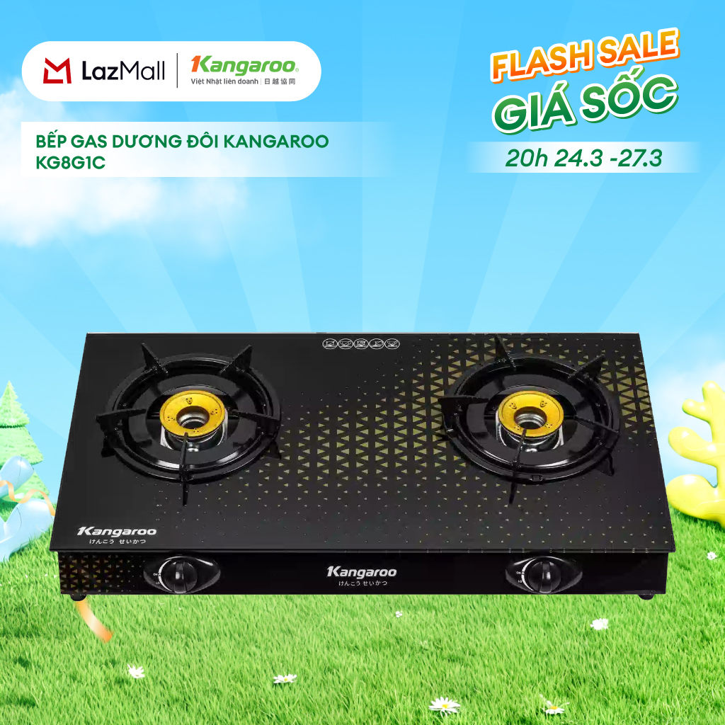 Bếp ga đôi Kangaroo KG8G1C - Kính cường lực, màu đen, tiết kiệm gas, dễ vệ sinh