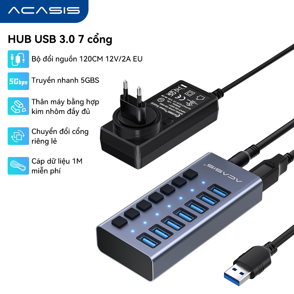 Hub USB mạnh mẽ của ACASIS - Hub dữ liệu ACASIS 7 cổng 36W USB 3.0 12V/3A với Bộ tách công tắc bật/t