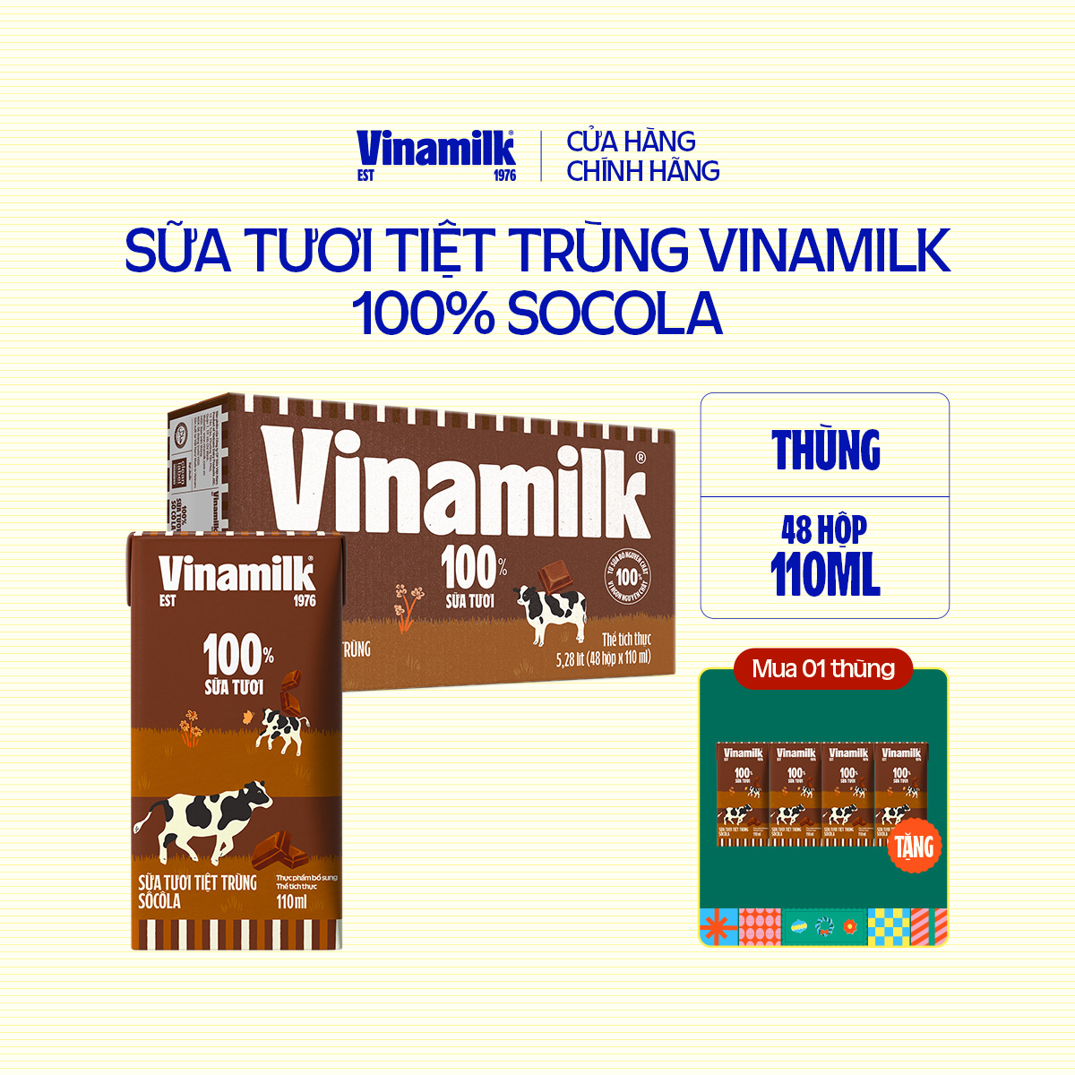 Thùng 48 hộp sữa tươi Vinamilk 100% socola 110ml