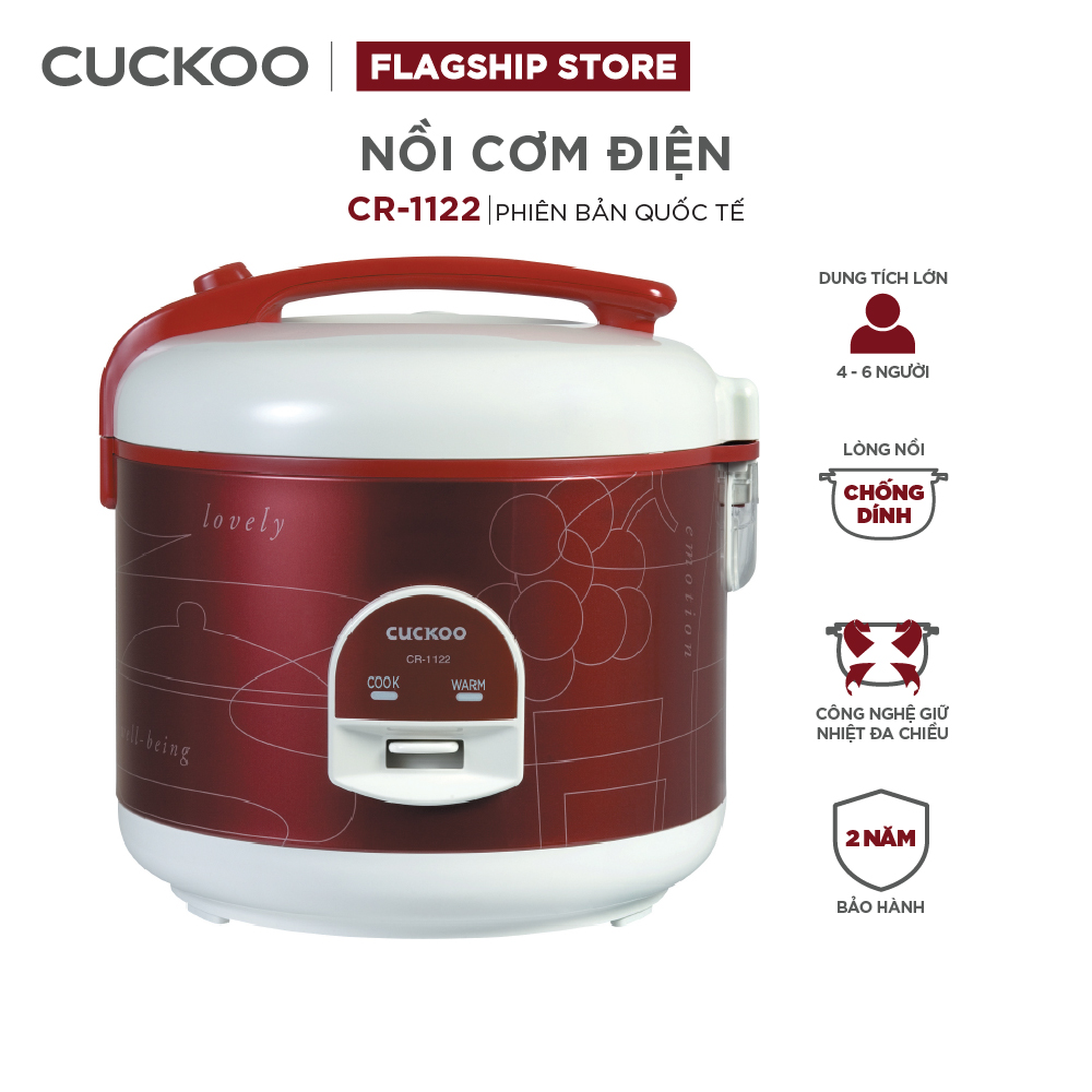 Nồi cơm điện Cuckoo 2.0L CR-1122 Màu đỏ - Giữ ấm tối đa lòng nồi chống dính- Phiên bản Quốc tế - Hàng chính hãng Cuckoo Vina