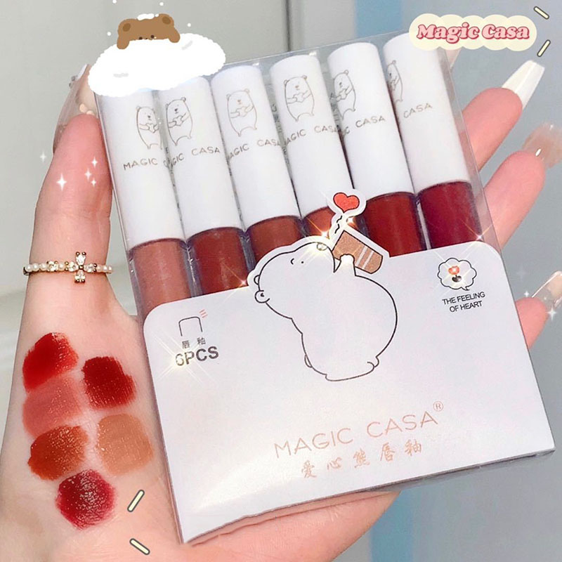 Set Son 6 Cây Magic Casa Họa Tiết Vỏ Gấu Trắng Đáng Yêu Bộ Son Môi Kem Lì Chất Son Mịn Lâu Trôi Nhiề