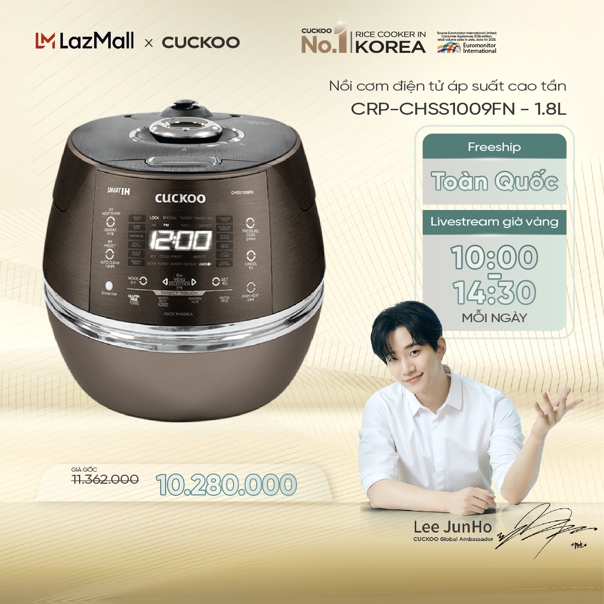 Nồi cơm điện cao tần Cuckoo CRP-CHSS1009FN 1.8L, màu nâu, dung tích lớn, đa chức năng