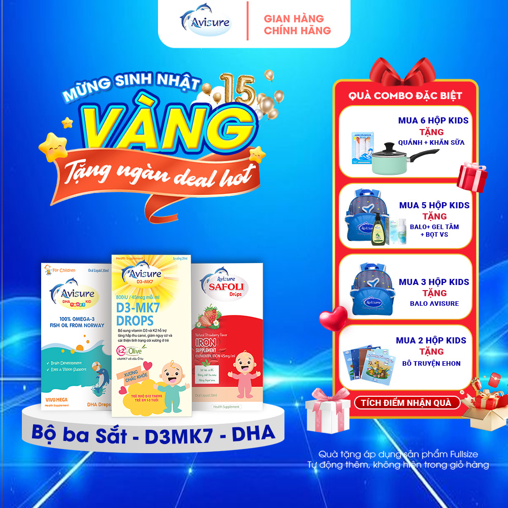 TPBVSK Bộ ba Avisure D3MK7 Avisure DHA smart Kid Avisure Safoli Drop bổ sung D3 DHA Sắt hữu cơ