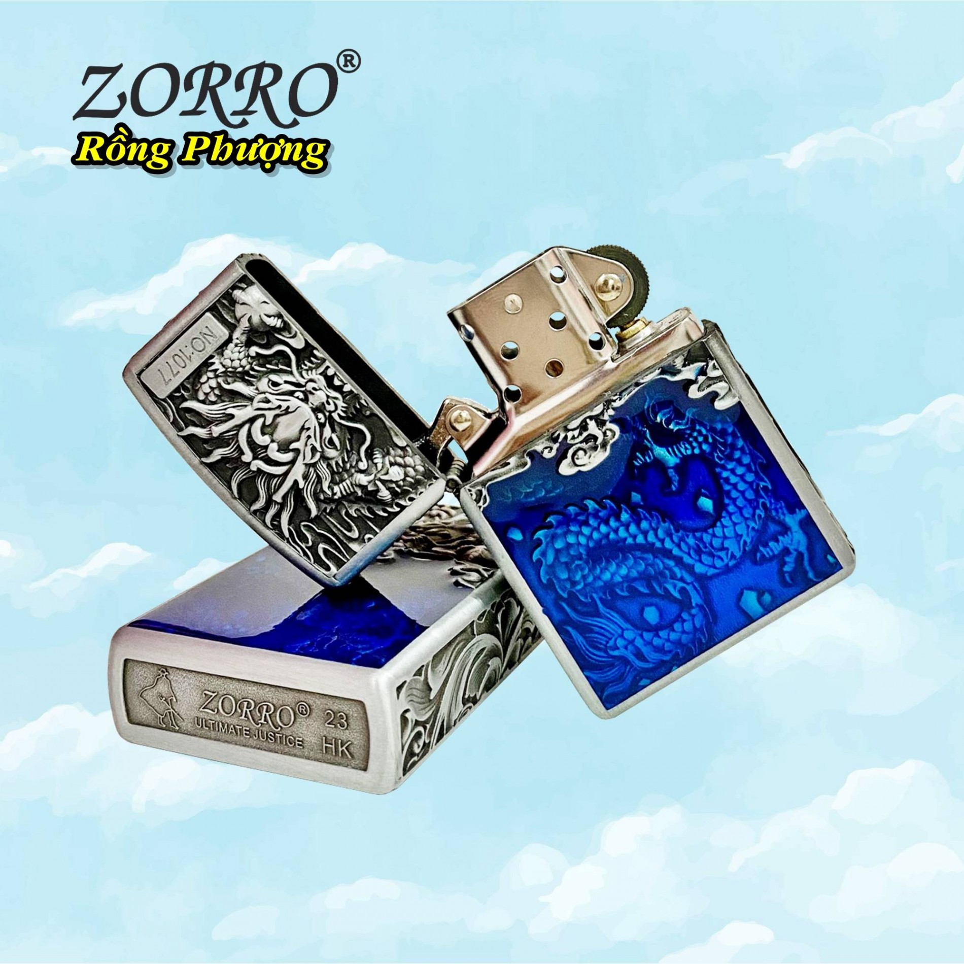 HỘP QUẸT BẬT LỬA XĂNG ĐÁ ZIPPO ZORRO KHẮC NỔI HÌNH RỒNG 6 MẶT