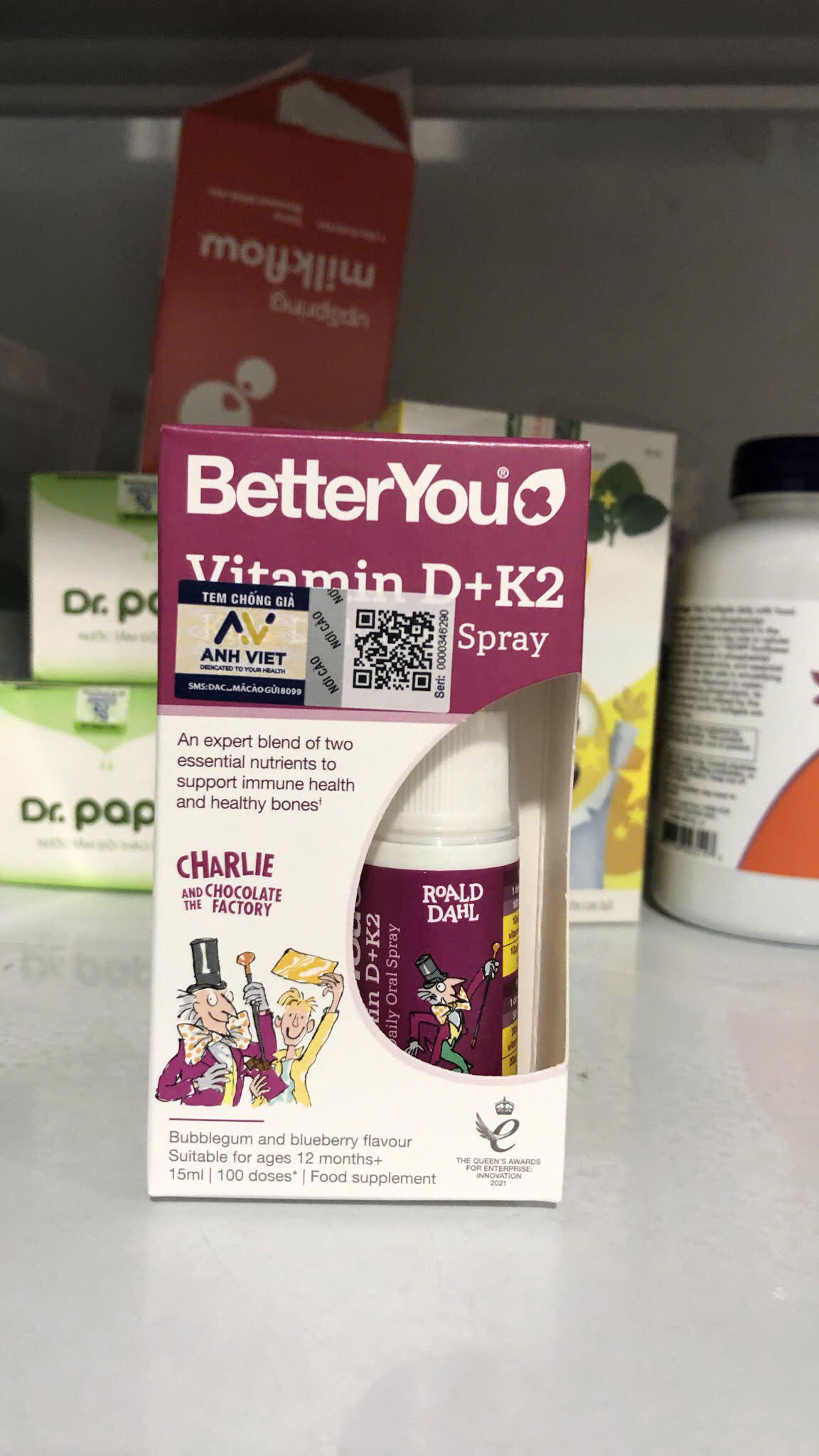 BetterYou Vitamin D+K2 Kids' Daily Oral Spray Vitamin D+K2 dạng xịt, UK (15ml)