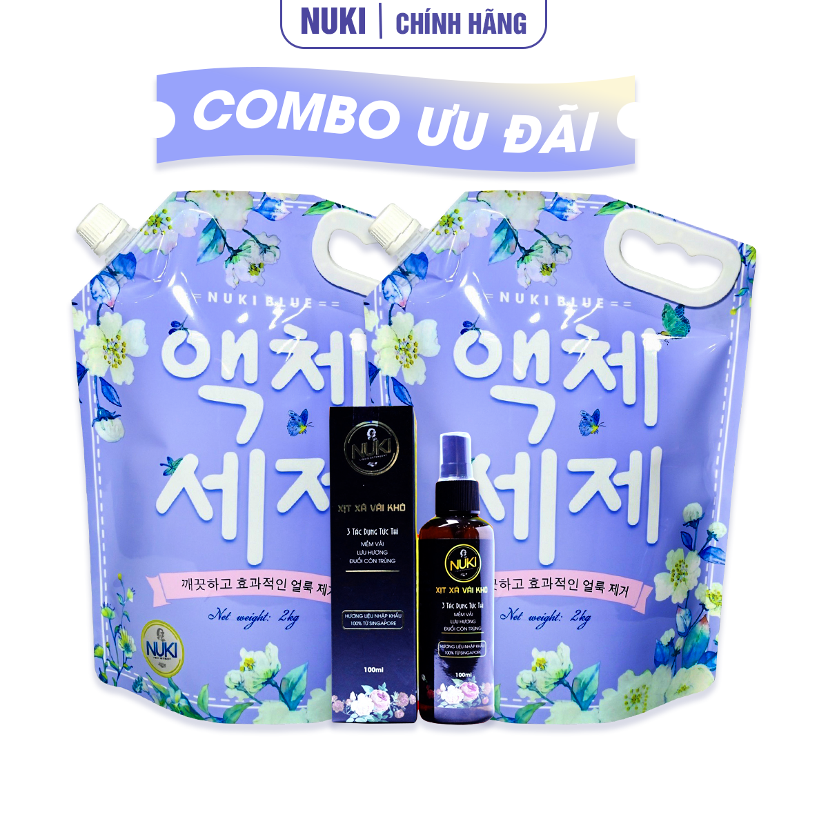 ComBo 2 Túi Nước Giặt Hàn Quốc Nuki Blue 2kg và 1 Chai Xịt Xả Vải Khô Nuki 100ml Siêu Thơm Lưu Hương