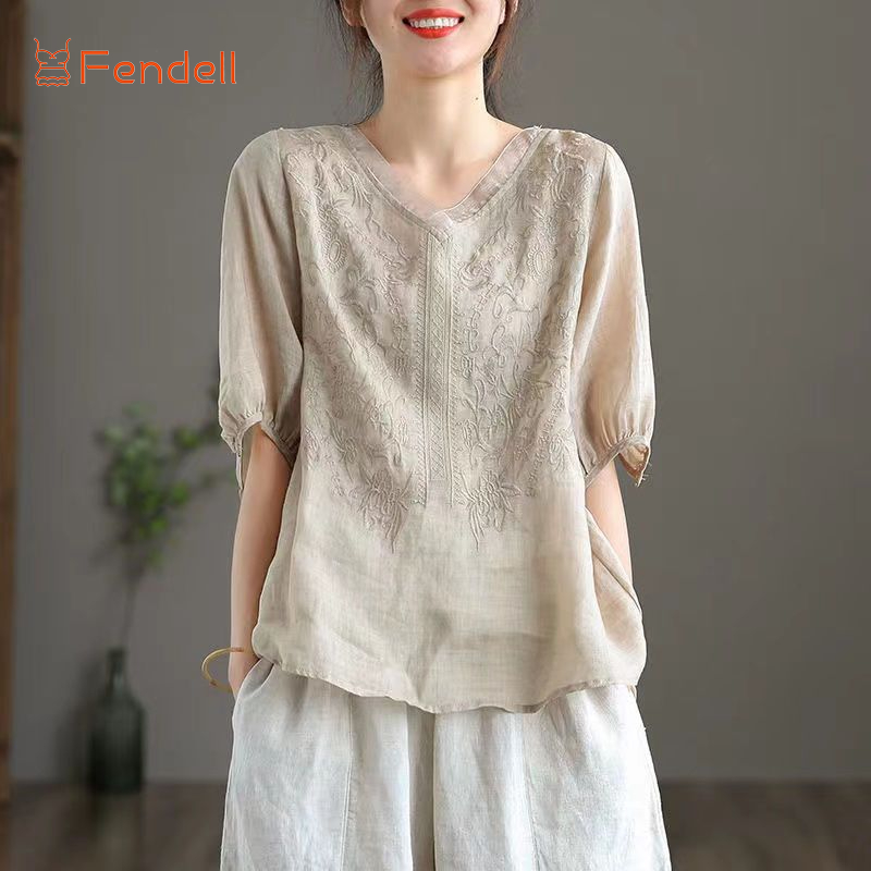 Áo Sơ Mi Cotton Lanh Nữ Tay Ngắn Cổ Chữ V Thêu Hoa Mùa Hè Mới Mỏng Khí Chất áo Rời