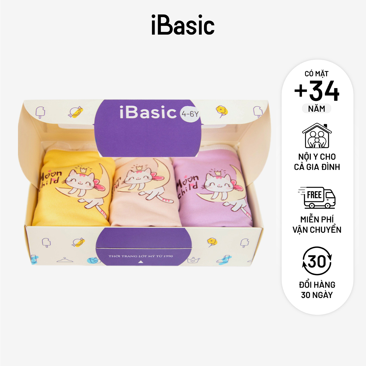 Hộp 3 quần lót bé gái iBasic cotton USA kháng khuẩn boyshort hoạ tiết PANG020