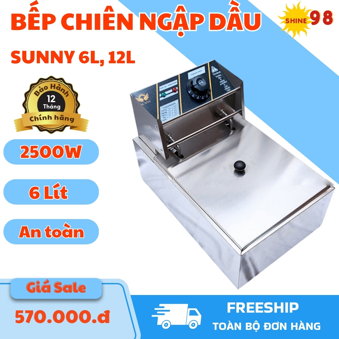 Bếp Nhúng Điện Đơn 6L - Bếp Chiên Nhúng ngập dầu Cao cấp SUNNY Có Kèm Tay nắm chống nóng Chiên Ngập 