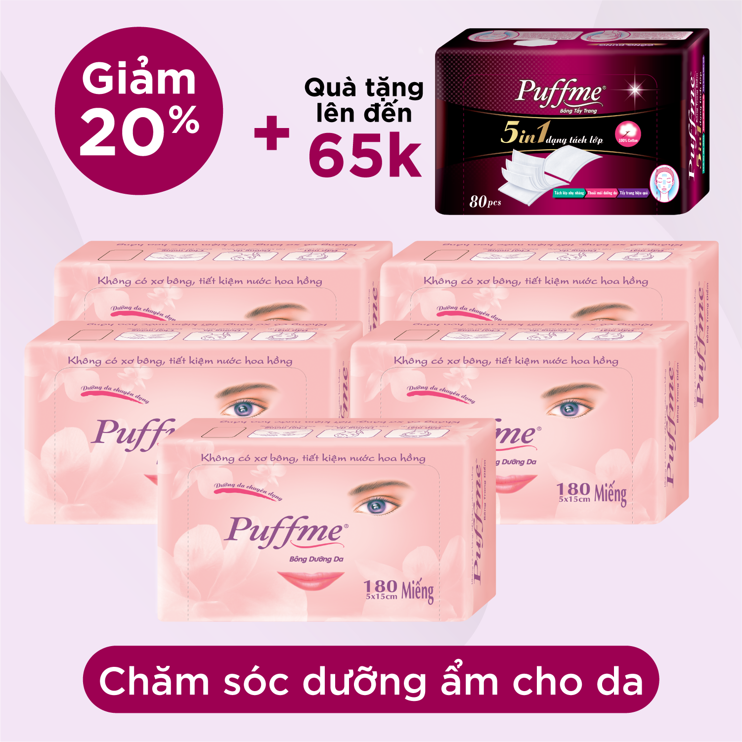 Bộ 5 Hộp Bông Dưỡng Da Puffme Airlaid 180 Miếng - Tặng 1 Hộp Bông Puffme 5 Lớp 5In1 Cao Cấp 80 Miếng