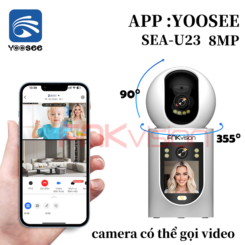 Camera Fnkvision 2 mắt Yoosee chống nước quan sát 360 độ cực rõ nét 8.0MP thao tác qua điện thoại