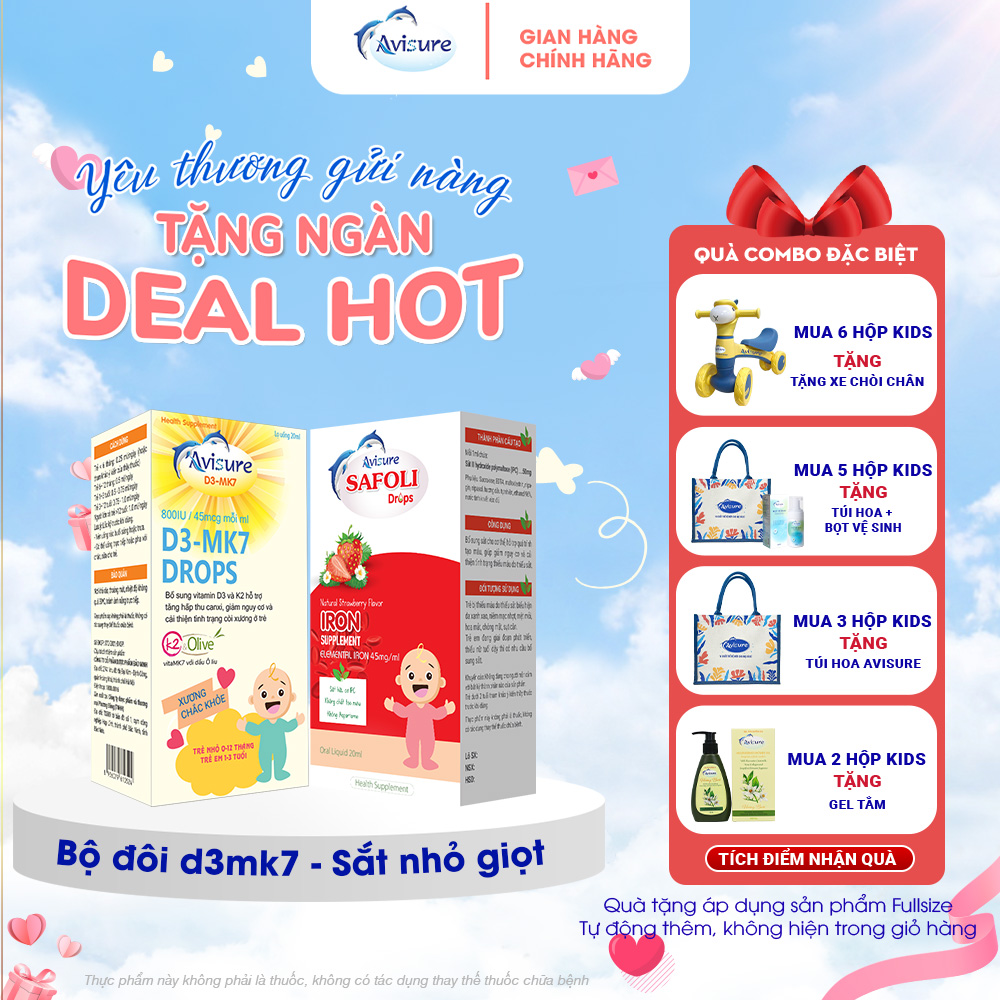 TPBVSK Combo Vitamin D3K2 Avisure D3MK7 và Sắt hữu cơ Avisure Safoli Drop tăng hấp thụ canxi chắc xư