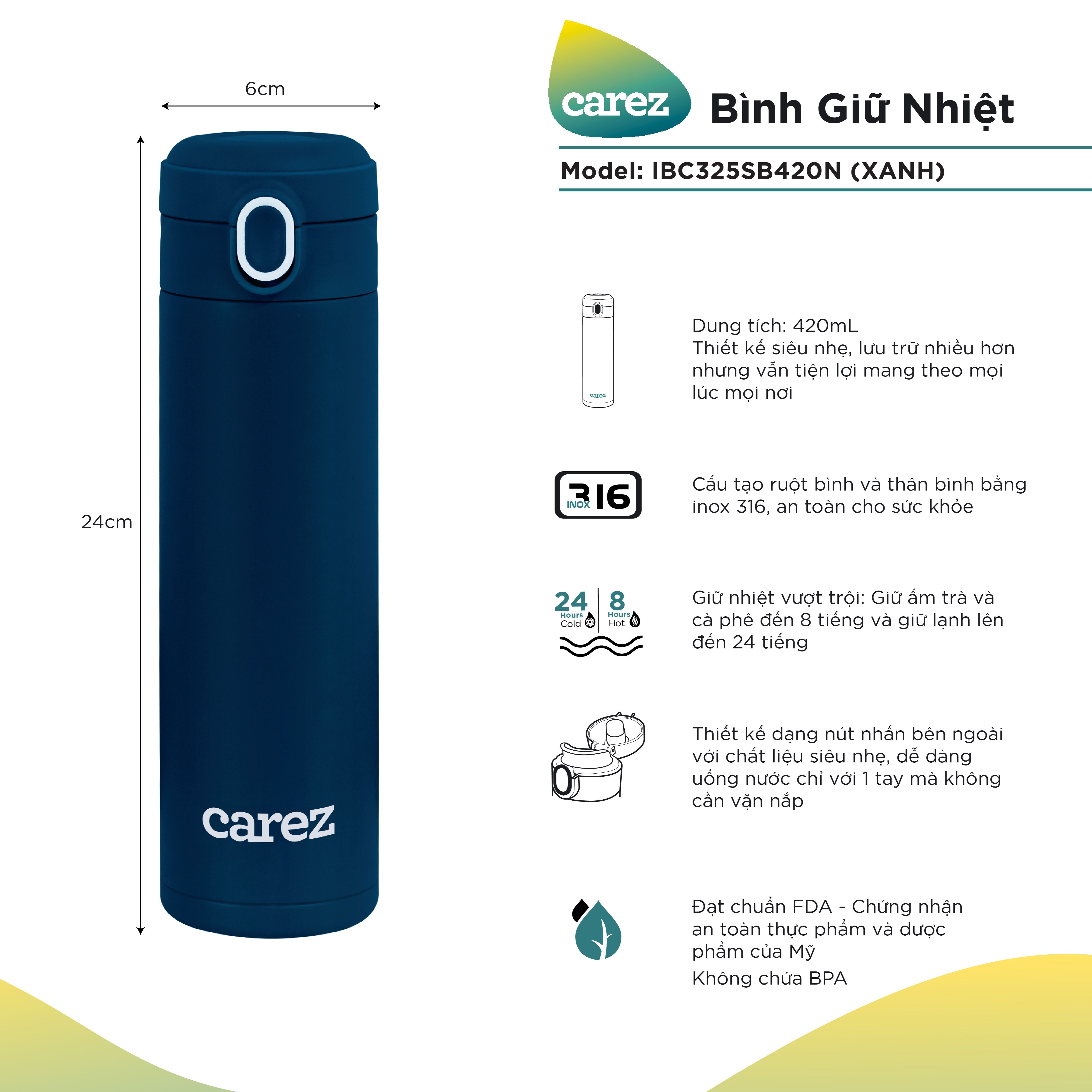 Bình Giữ Nhiệt Carez IBC325SB420N - 420ml Inox 316 Không chứa BPA - Giữ nóng đến 8 tiếng giữ lạnh đế