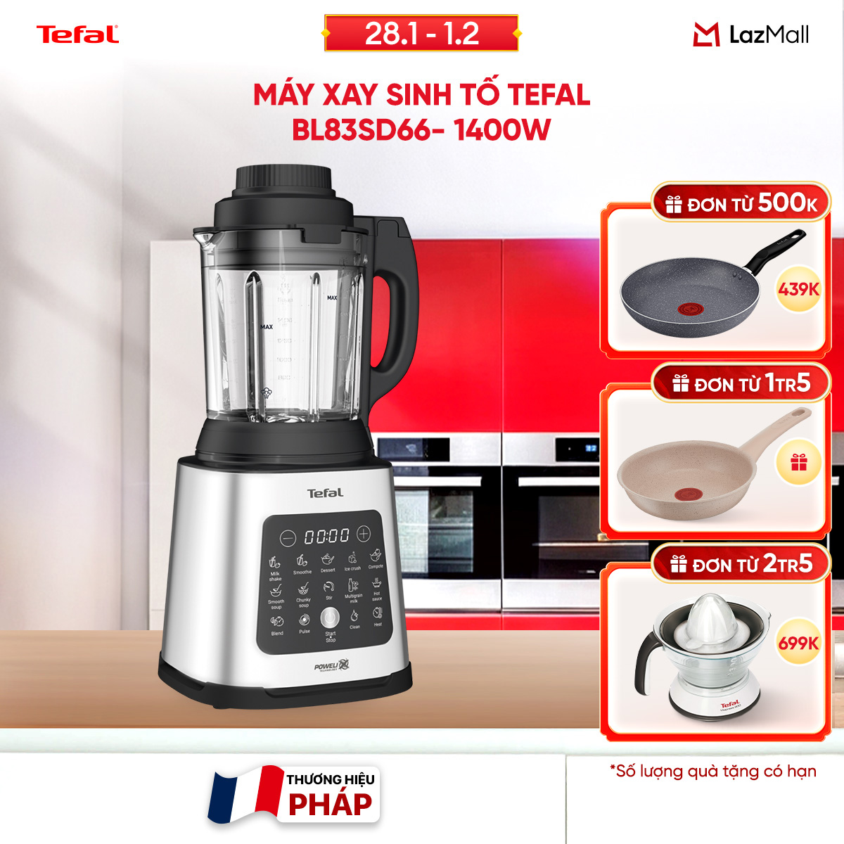 [MÃ ĐÁO SALE CỰC ĐỈNH 2-15.2] Máy xay sinh tố và làm sữa hạt đa năng Tefal BL83SD66 - 1400W