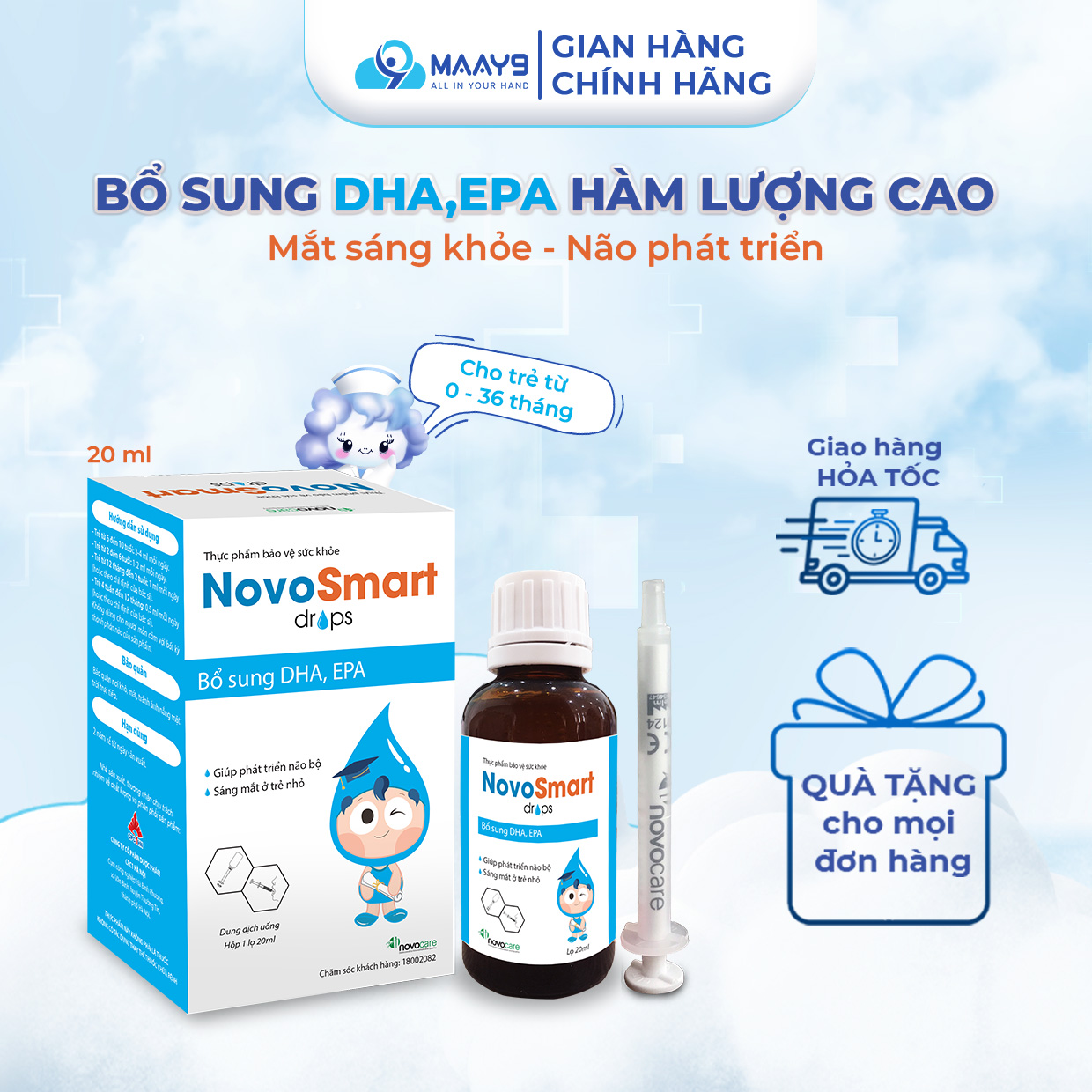 Omega 3 DHA EPA cho bé Novocare NovoSmart drops sáng mắt thông minh nguyên liệu nhập khẩu từ Na Uy 20ml