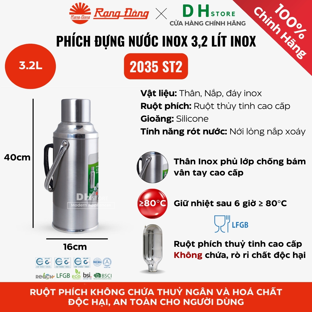 Phích Đựng Nước Inox Rạng Đông RD 3240 ST1, Dung Tích 3.2 Lít, Kích Thước 17x15.5x40cm