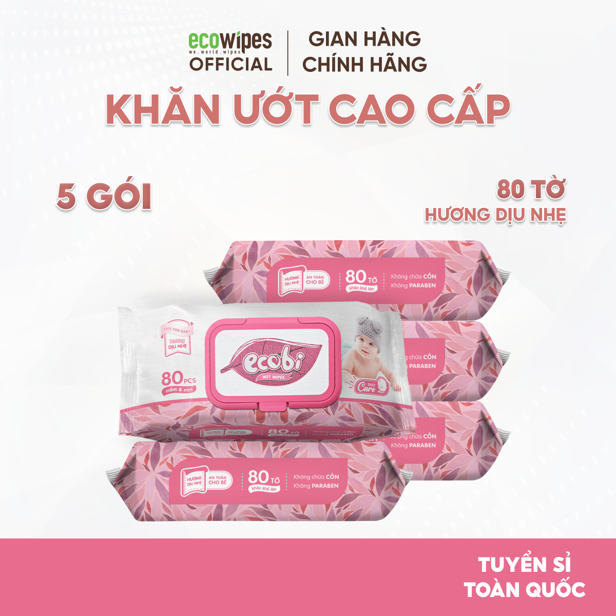 Combo 05 gói khăn giấy ướt cao cấp an toàn cho bé Ecobi Ecowipes gói 80 tờ 560g Hương Dịu Nhẹ không cồn không paraben