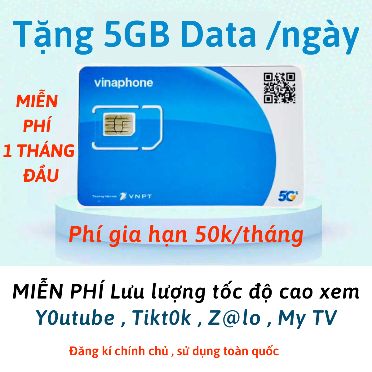 ( MIỄN PHÍ THÁNG ĐẦU ) Sim 5G Vina BIG50Y 5GB/ngày + 1 TỶ DATA TRUY CẬP Y0utube  Tikt0k  z@lo - Phí 