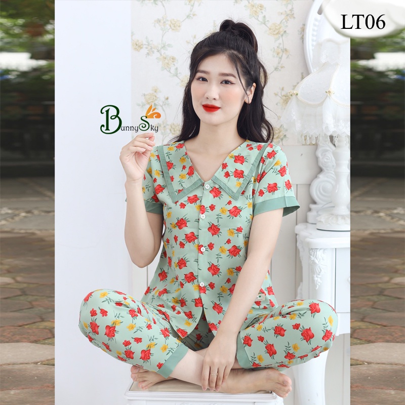 [Bunnysky] Đồ bộ mặc nhà sau sinh quần áo nữ chất mát thấm mồ hôi kiểu tay cộc quần dài