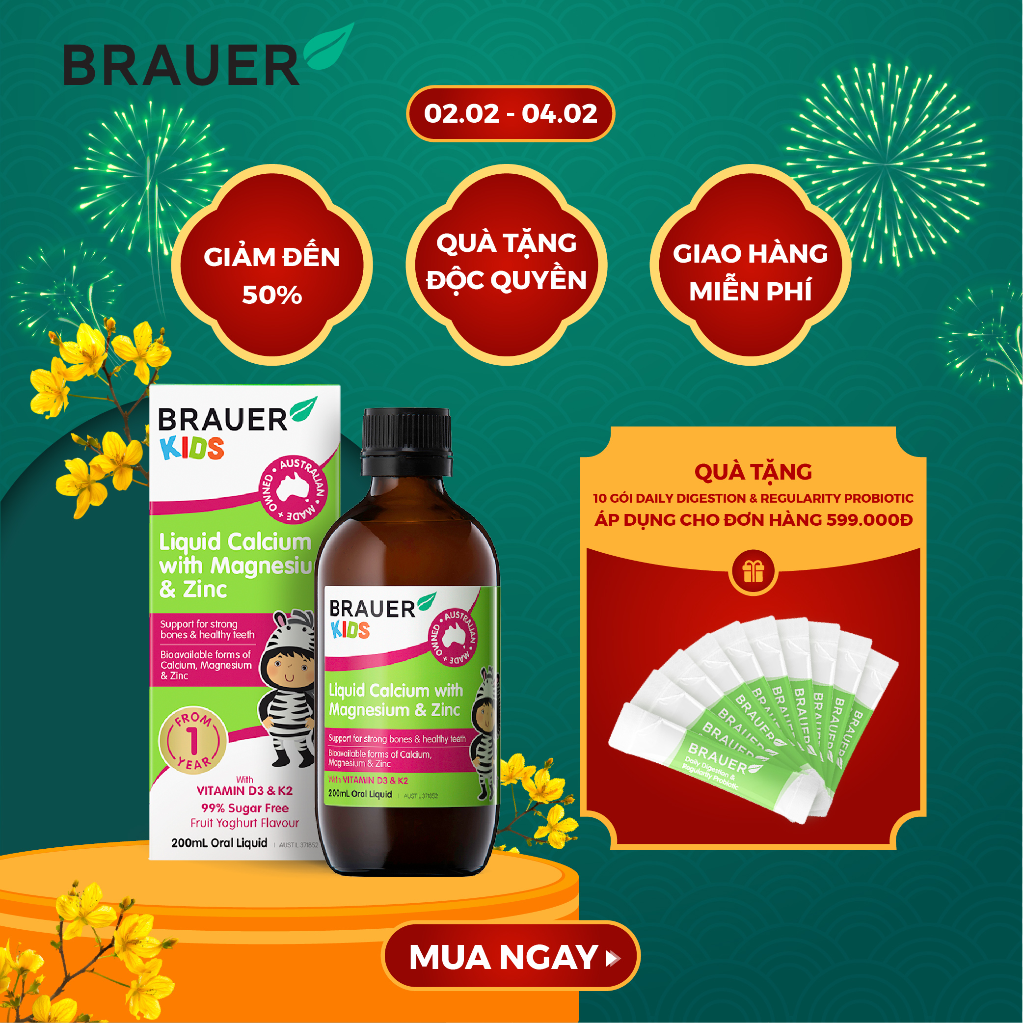 Siro BRAUER Calcium with Magnesium & ZinC - Hỗn hợp Vitamin Canxi Magie và Kẽm cho trẻ từ 1 tuổi (20