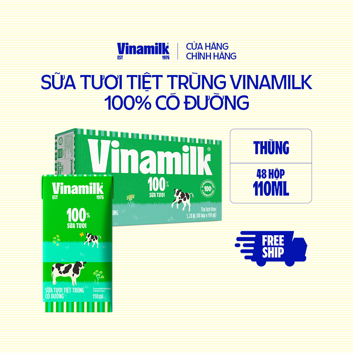 Thùng 48 hộp sữa tươi tiệt trùng Vinamilk 100% có đường 110ml