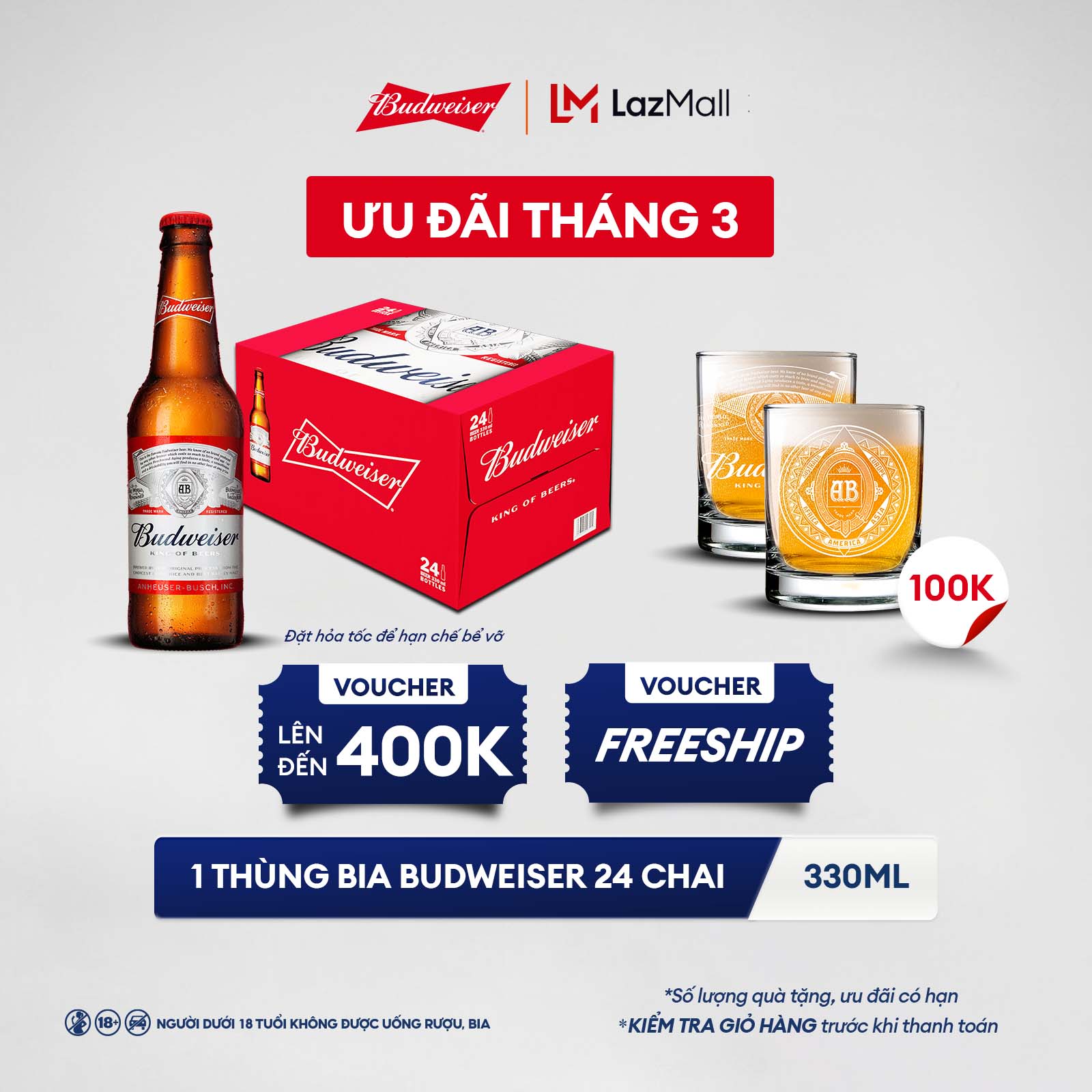 Thùng 24 Chai Bia Budweiser Chính Hãng (330ml/chai)