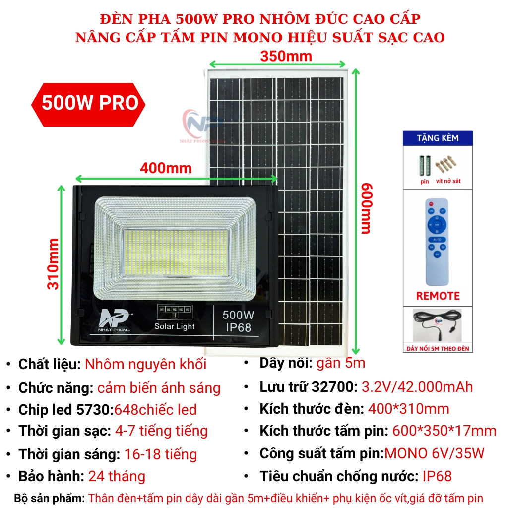 [0Đồng Vận Chuyển]Đèn Năng Lượng Mặt Trời NHẬT PHONG SOLAR Đèn Pha Năng Lượng Mặt trời 1000w500w300w đèn cảm biến tự động sángChip Led Siêu SángVỏ Nhôm Nguyên Khối Điều Khiển Từ Xa Chống Nước IP68 Bảo Hành 2 năm