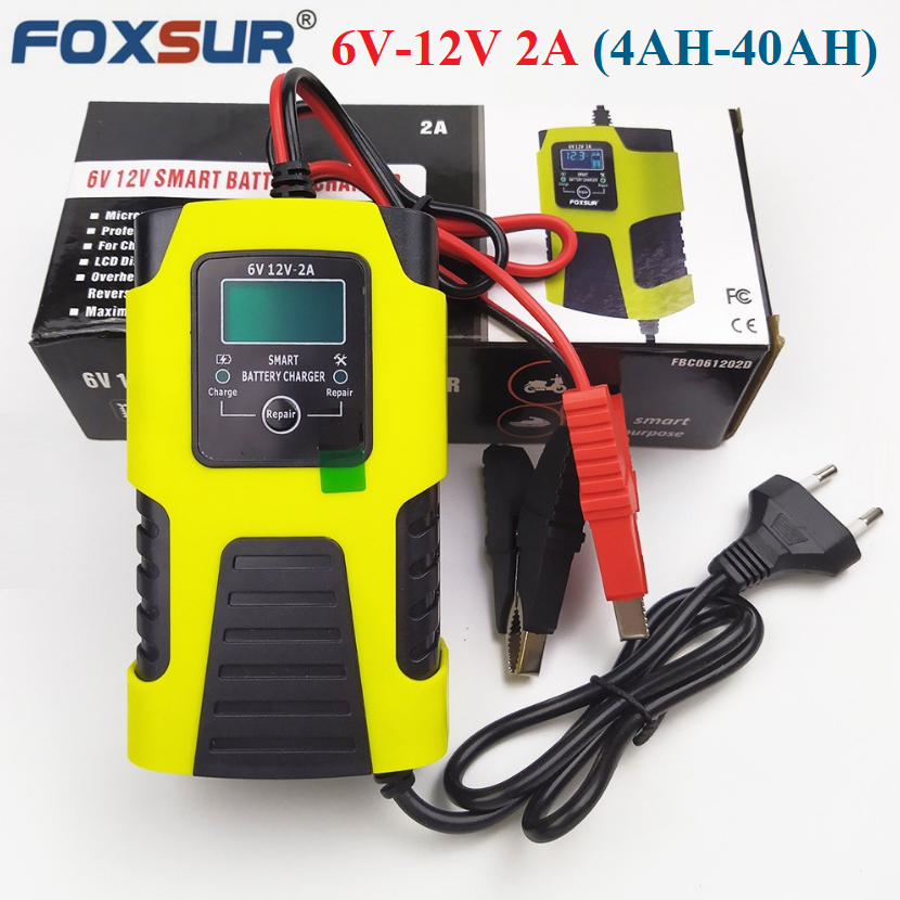 Sạc bình ắc quy Foxsur 6V 12V 2A (4ah-40ah) tự ngắt khi đầy chức năng phục hổi ắc quy khử sunfat chống ngược cực