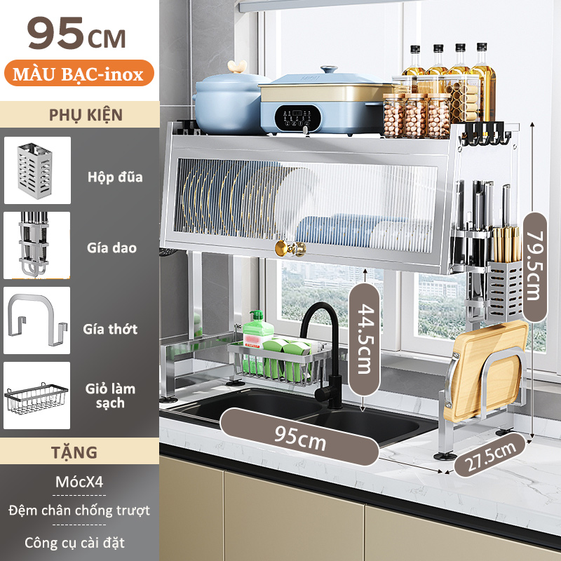 Gslife Kệ Để Chén Đĩa Inox Có Nắp Đậy Thông Minh Trên Bồn Rửa Bát Kệ Tủ Nhà Bếp 2 Tầng