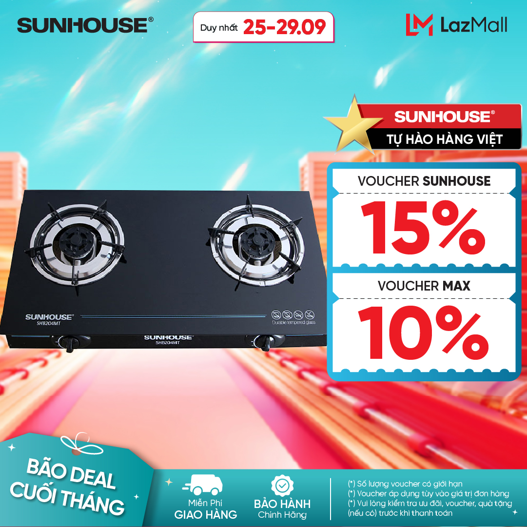 Bếp gas đôi Sunhouse SHB204MT - Kính cường lực, màu đen, 692x368x120mm