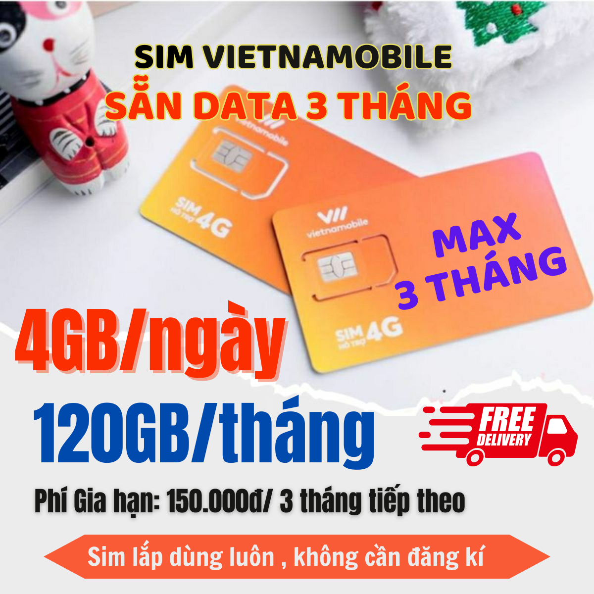 ( SALE 50% ) Sim 4G Vietnamobile 4GB 1 Ngày Sử Dụng Tốc Độ Cao Miễn Phí 3 Tháng Không Nạp Tiền | FRE