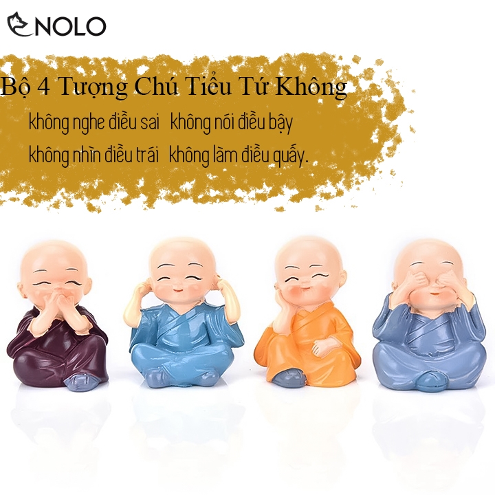 Bộ 4 Tượng Chú Tiểu Nhà Sư Tứ Không Không Nghe Không Thấy Không Nói Không Làm Điều Xấu Chất Liệu Thạch Cao Tráng Bột Đá