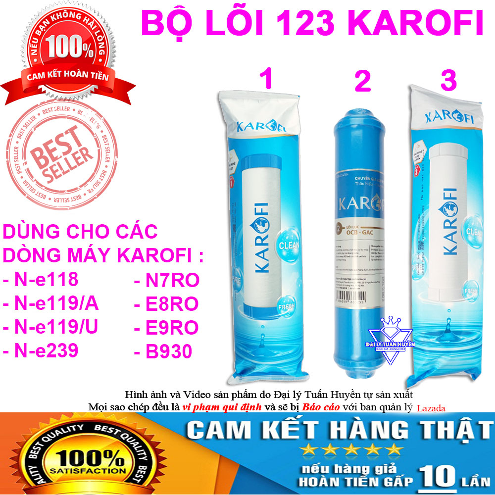 Bộ 3 lõi lọc nước karofi số 123 dùng cho model N-e118 N-e119/A N-e119/U N-e239 N7RO E8RO E9RO B930