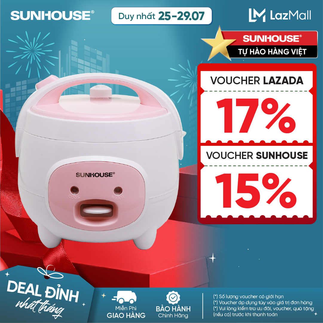 Nồi Cơm Điện Dung Tích 1.2L SUNHOUSE SHD8217W - Vỏ Nhựa Toàn Phần Chịu Nhiệt - Chống Dính Whitford