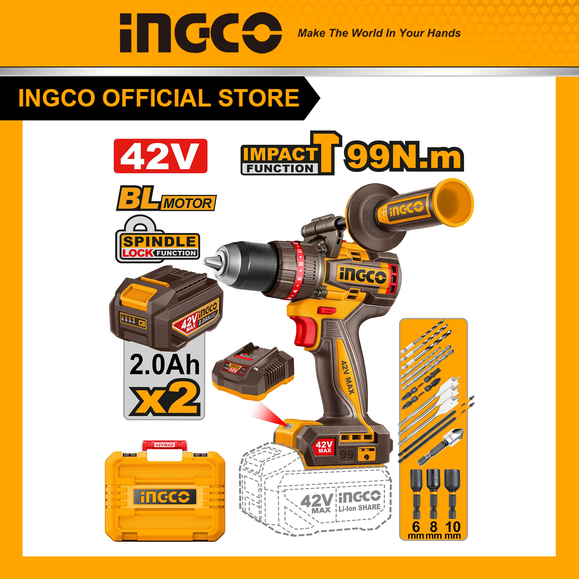 Máy khoan búa ba chức năng không chổi than 99Nm hệ pin 42V max INGCO CIDLI429982 máy mạnh hiệu suất