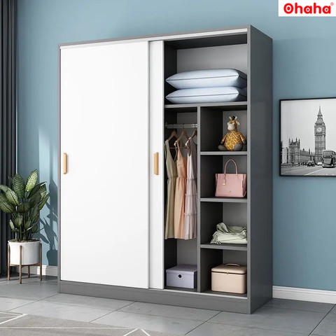 [ Freeship HCM ] [ Trả góp 0%]Tủ quần áo gỗ công nghiệp 2 cánh lùa Ohaha (ghi - trắng/trắng - vàng g
