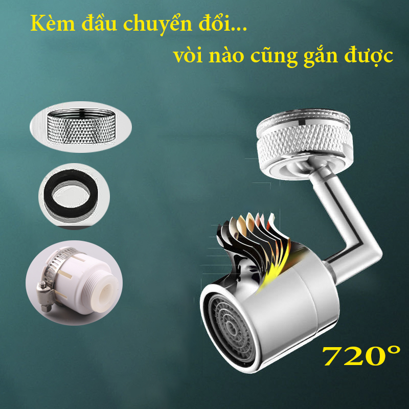 Đầu nối vòi nước tăng áp xoay 720 độ lắp vòi nước chậu rửa bát chén lavabo (kèm đầu nối đa năng)