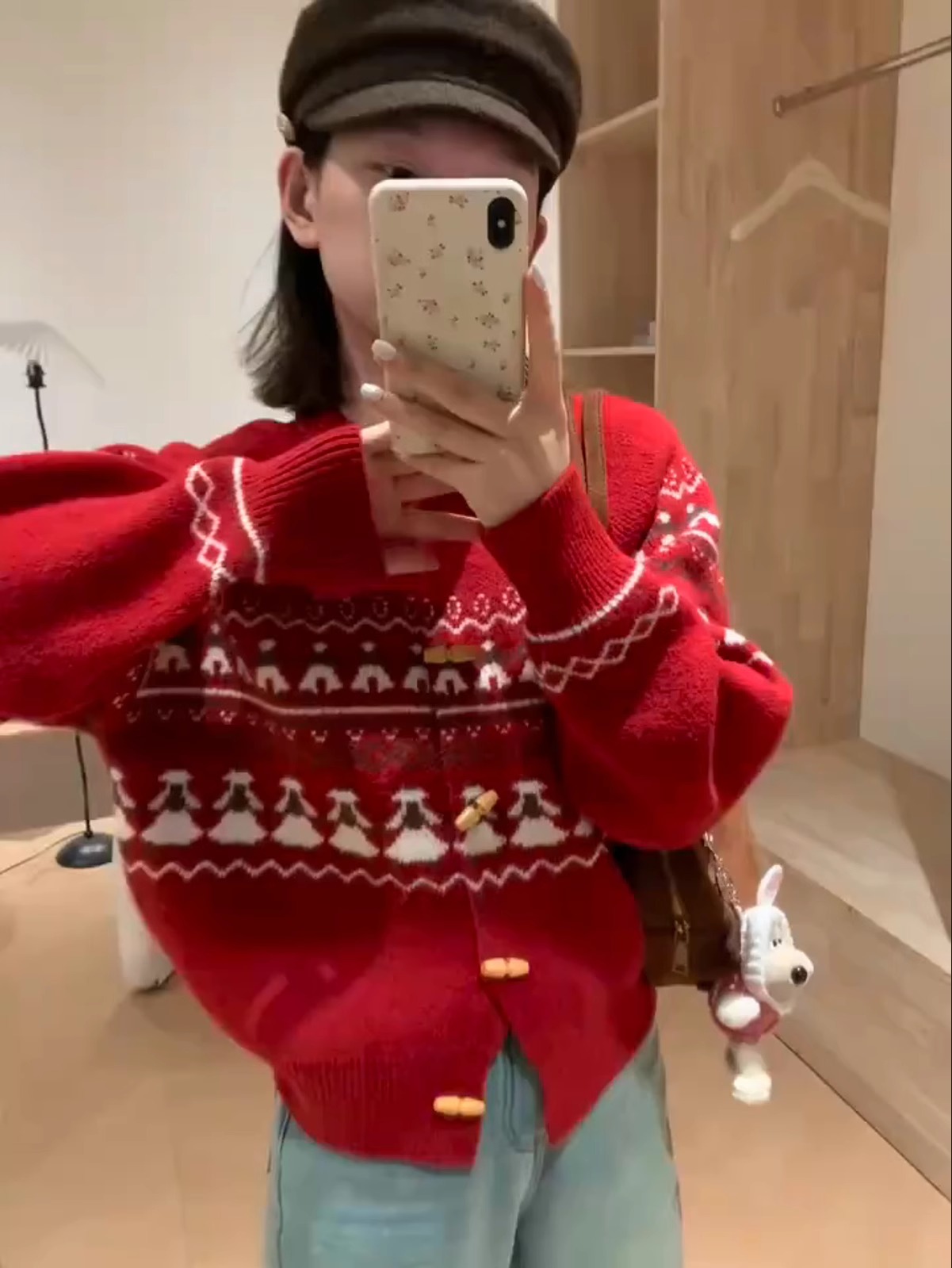 Năm Mới Đỏ Giáng Sinh Jacquard Màu Sắc Tương Phản Cổ Tròn Slanting Vai Dệt Kim Cardigan Nữ Ngọt Ngào