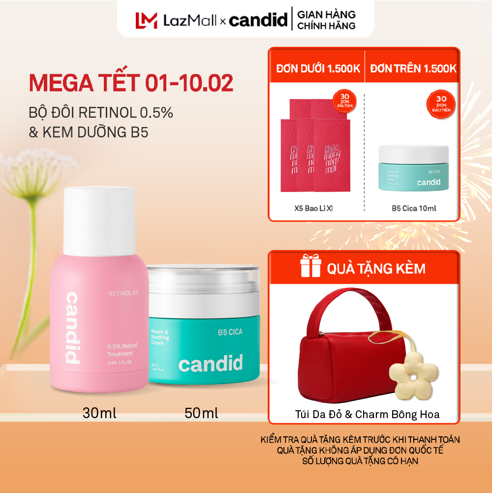 Bộ Đôi Hỗ Trợ Cải Thiện Và Phục Hồi Làn Da Candid Retinol 0.5 % 30ml & Kem Dưỡng B5 Cica 50ml