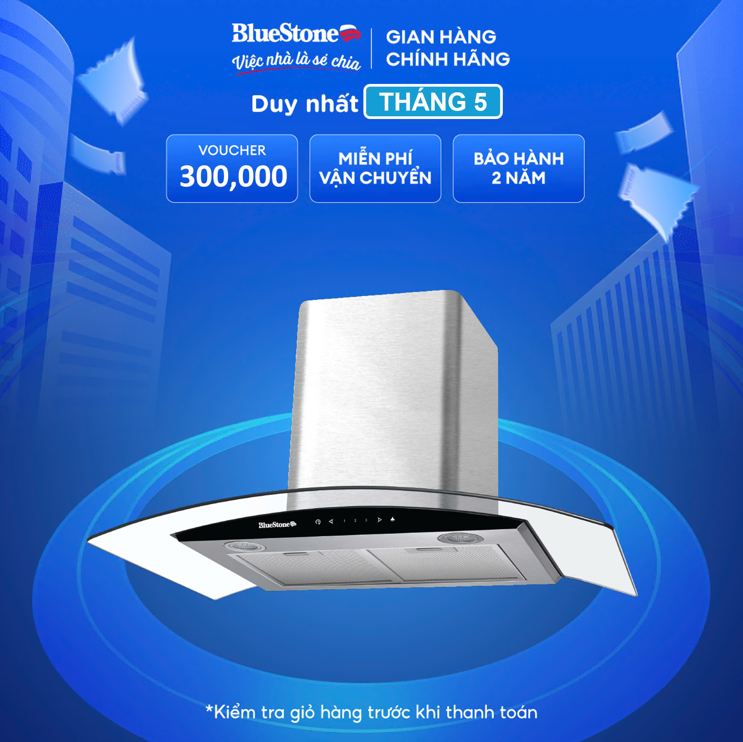 Máy Hút Mùi Kính Cong BlueStone HOB-8733 - Bảo Hành 2 năm - Hàng chính hãng