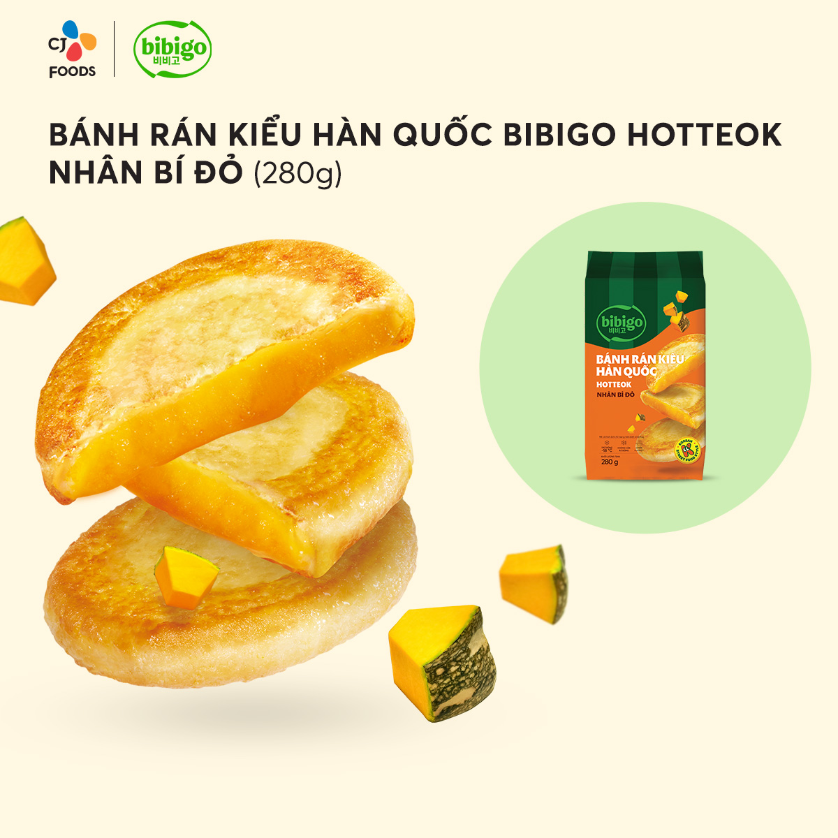 [Hỏa tốc] Bánh rán Hàn Quốc Hotteok bibigo - nhân Bí Đỏ/ Phô mai Mozzarella/ Phô mai tan chảy Cheese