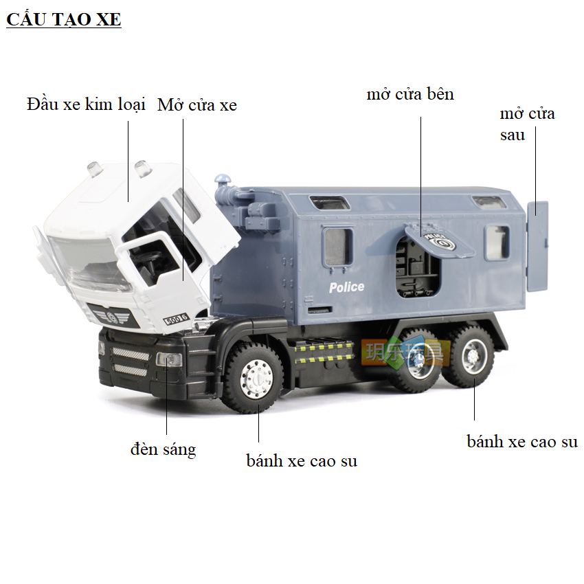 Ô tô tải quân sự đồ chơi trẻ em có đèn và âm thanh xe mô hình tỉ lệ 1:50 cabin bằng sắt chạy cót
