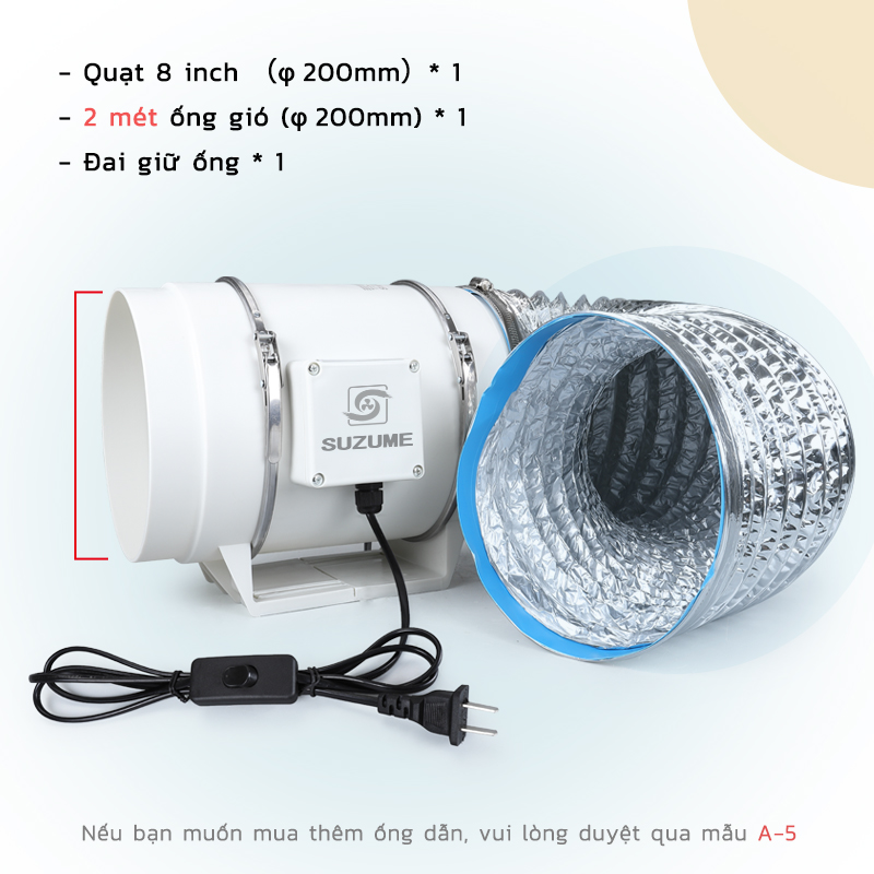 Quạt Thông Gió Dạng Ống Nghiêng - Dây Điện 2m Có Công Tắc | Lưu Lượng Gió Cao Lắp Phòng Tắm/Nhà Bếp
