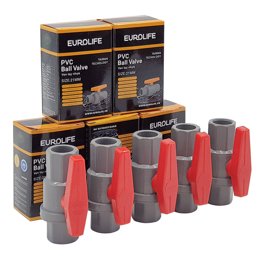 Bộ 5 van PVC 2 mảnh ghép siêu nhẹ có chân dùng cho ống nước 21mm Eurolife EL-VCC21 (Xám đỏ)