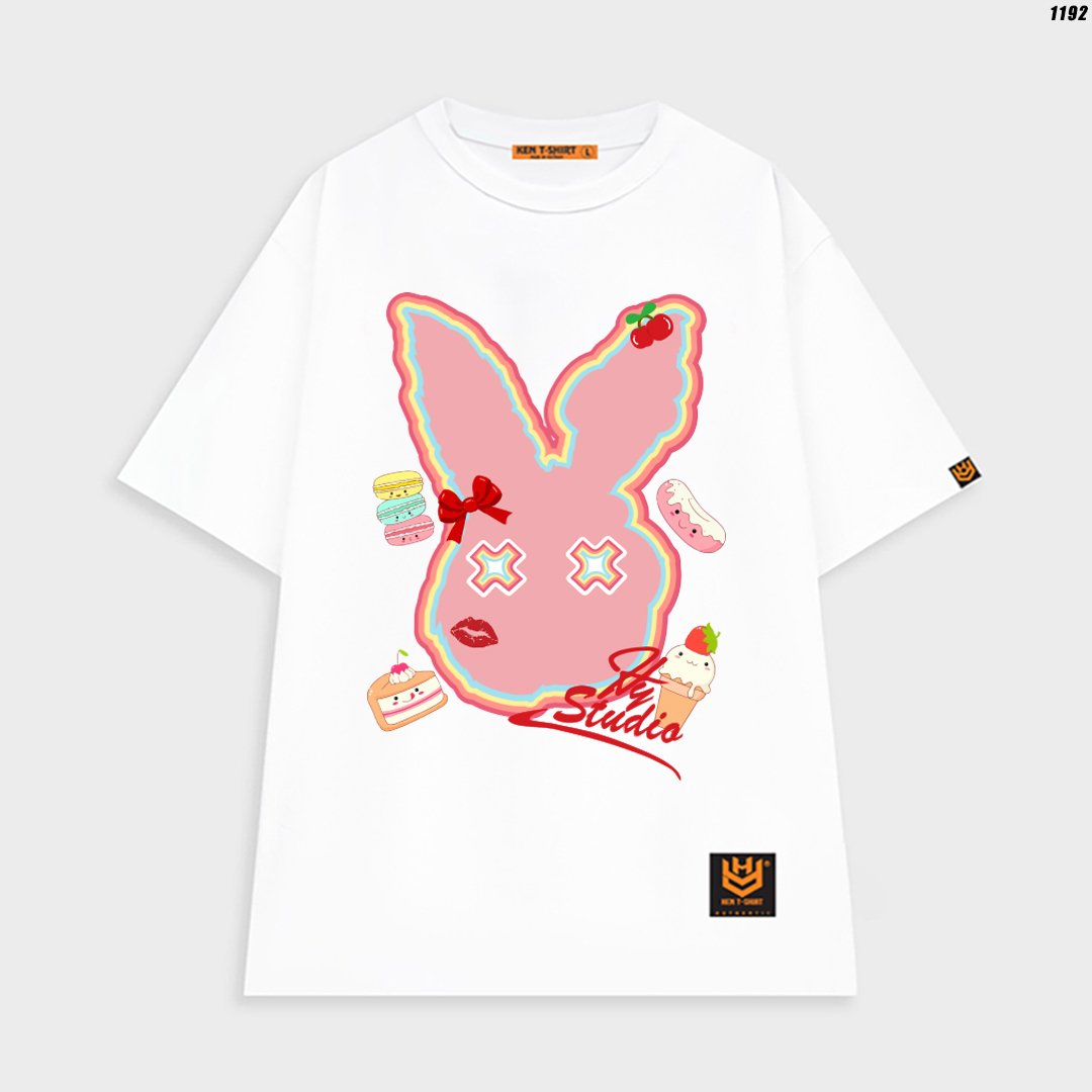 Áo thun tay lỡ HYKOREA nữ cute Thỏ màu nơ đỏ 1192 form rộng