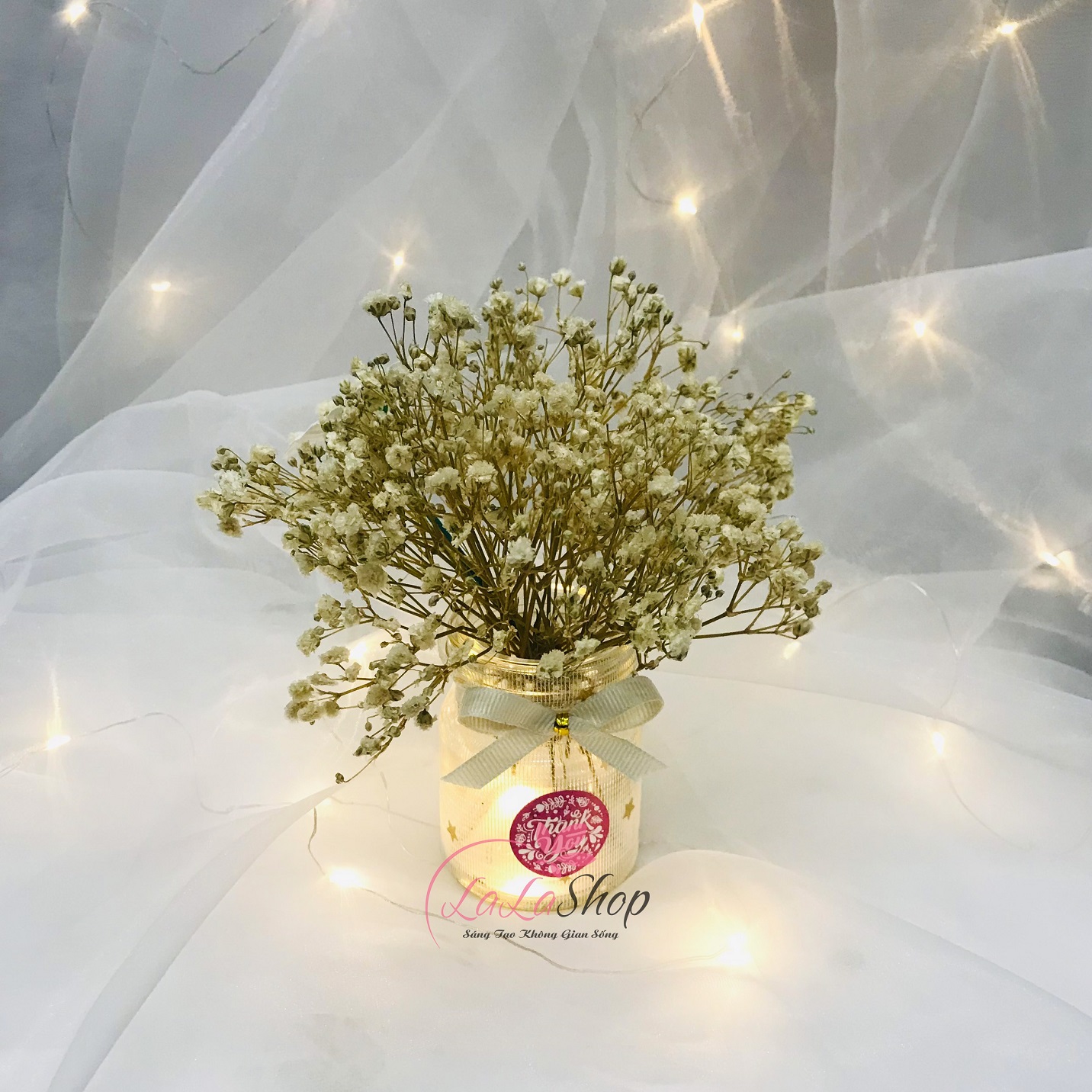 Hoa baby khô trang  trí decor Chậu hoa để bàn hoa baby khô nhiều màu trang trí giá rẻ kèm đèn LED nh