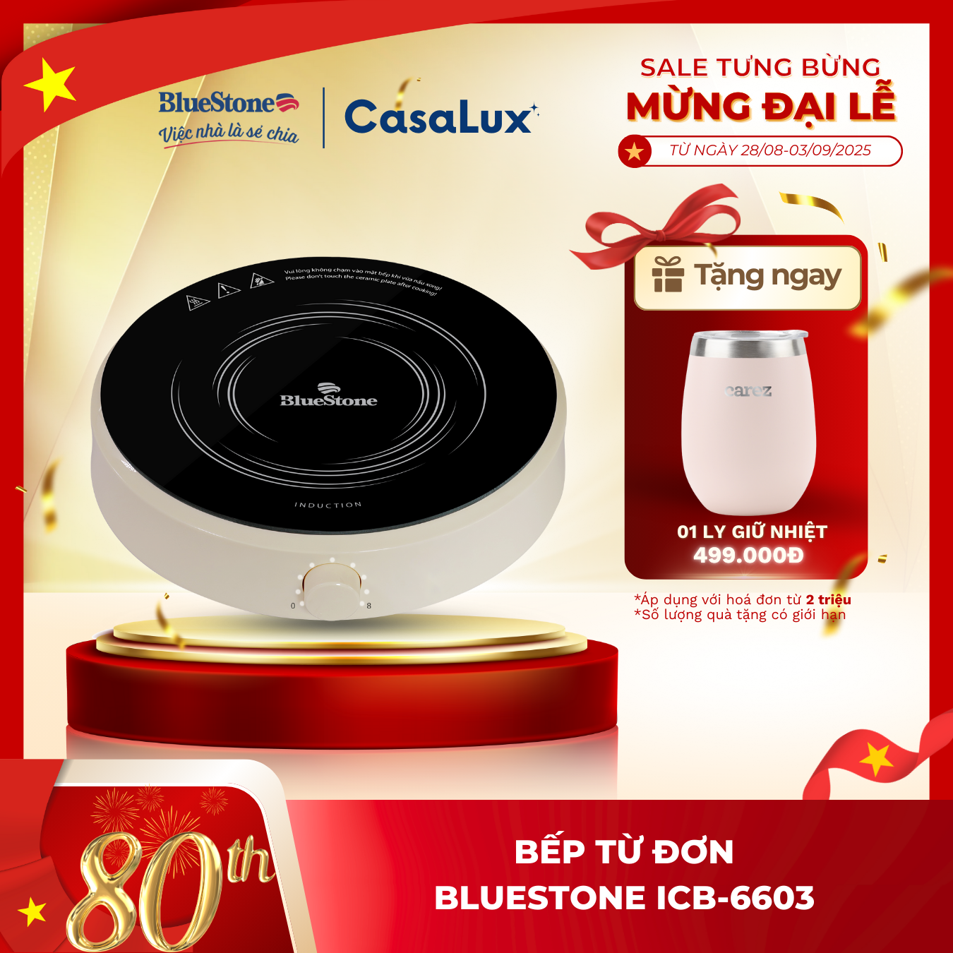 ( 1 ĐỔI 1 TRONG 30 NGÀY ) Bếp Từ Đơn CHÍNH HÃNG BlueStone ICB-6603 - Tặng Kèm Nồi Inox 24cm - 2000W