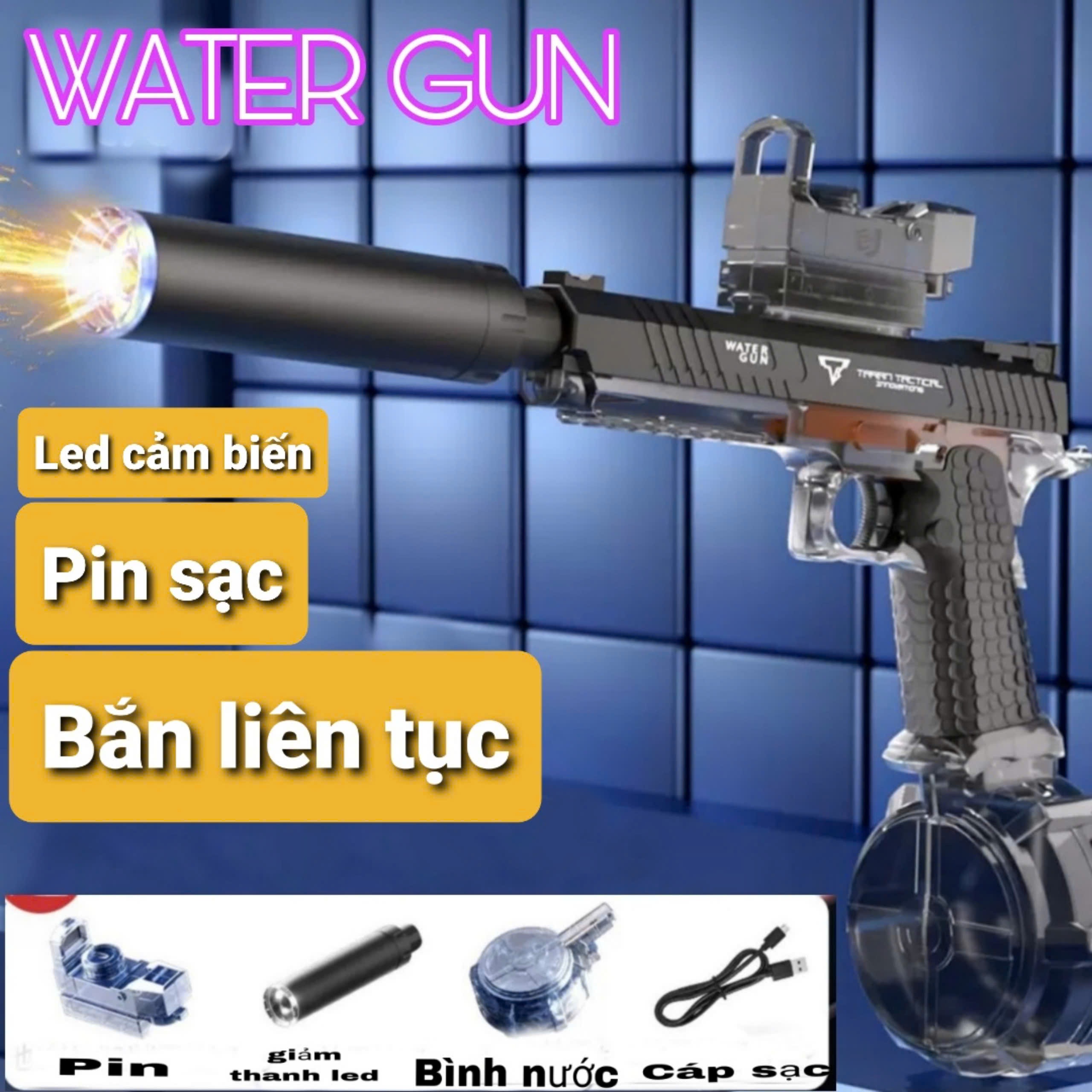 Đồ Chơi Phun Nước Điện Tử Pin Sạc Cao Cấp Có Đèn Tia Lửa Mẫu UZI - ComBat Master  thế hệ mới