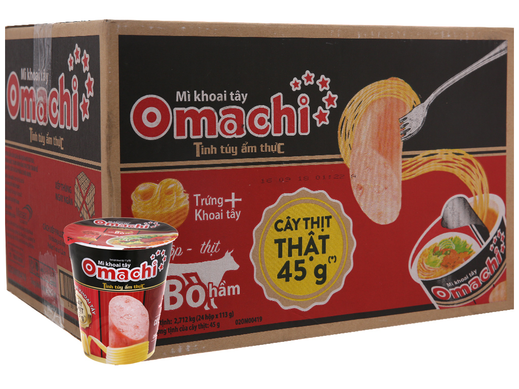 Mì ly khoai tây Omachi 113g (có cây thịt thật) thùng 24 ly