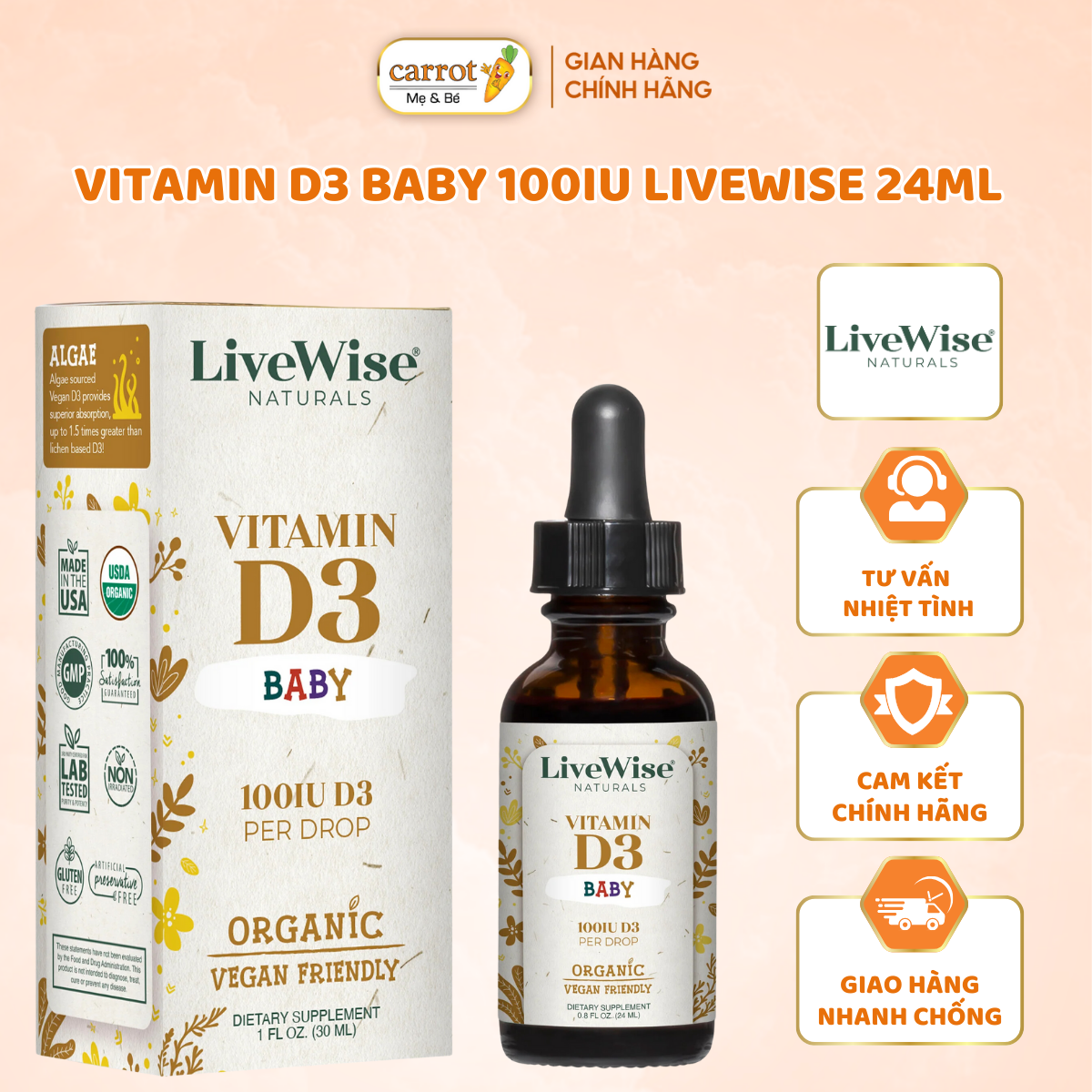 Vitamin D3 Baby 100IU Livewise Thuần Chay Cho Bé Dạng Giọt 24ML